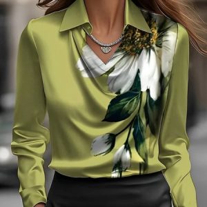 Urban Floral Printing Shirt Collar  Blouse, Blouses and Shirts, color:Green|size:XXL, Stylewe