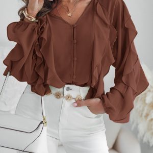 V Neck Shoulder Asymmetrical Ruffles Blouse Casual Button Front Long Sleeve Top, women Blouses & Shirts, ChicMe catalog