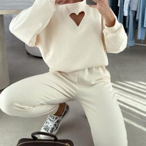2 Pieces Outfit Solid Round Neck Heart Hollow-out Top and Elastic Waist Cinched Bottom Sweatpants Set Casual Sweatshirt Set, women Two-piece Sets, ChicMe catalog