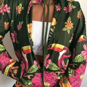 Tropical Print Drawstring Collar Long Sleeve Jacket Casual Pocket Design Loose Fit Coat, women Jackets & Coats, ChicMe catalog