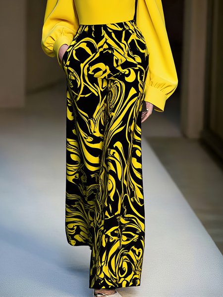 Urban Random Print Printing Wide Leg Pants, Pants, color:Black-Yellow|size:XXL, Stylewe