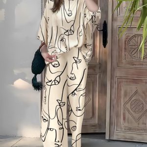 2 Pieces Outfit Abstract Print Skew Neck Batwing Sleeve Top and Casual Loose Fit Straight Leg Pants Set, women Two-piece Sets, ChicMe catalog