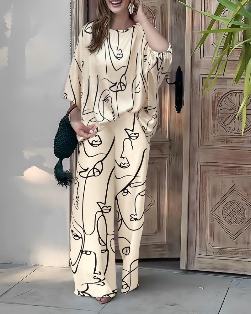 2 Pieces Outfit Abstract Print Skew Neck Batwing Sleeve Top and Casual Loose Fit Straight Leg Pants Set, women Two-piece Sets, ChicMe catalog