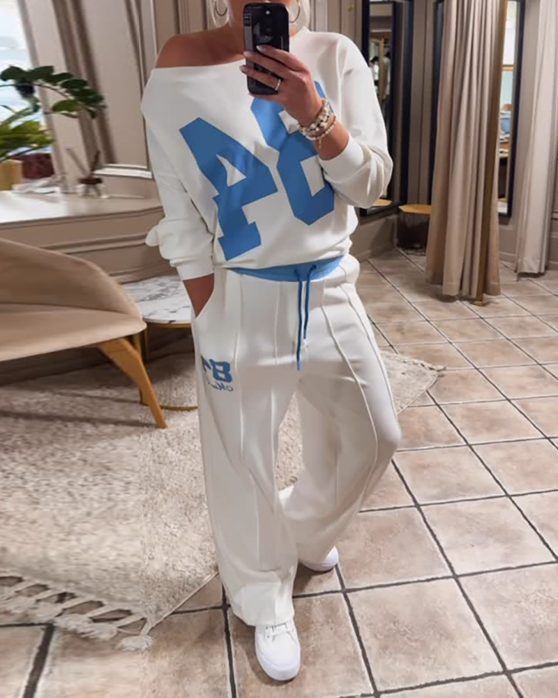2 Pieces Outfit Letter Print Long Sleeve Pullover Sweatshirt and Casual Drawstring Wide Leg Pants Set, women Two-piece Sets, ChicMe catalog