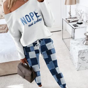 Denim Look Nope Not Today Print Top & Drawstring Pants Set, women Two-piece Sets, ChicMe catalog