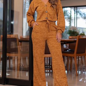 2 Pieces Outfit Fuzzy Knit Lantern Sleeve Cardigan and Casual Drawstring Wide Leg Pants Set, women Two-piece Sets, ChicMe catalog