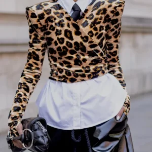 Urban Leopard Shoulder Pad V Neck Blouse, Blouses and Shirts, color:As Picture|size:XXL, Stylewe
