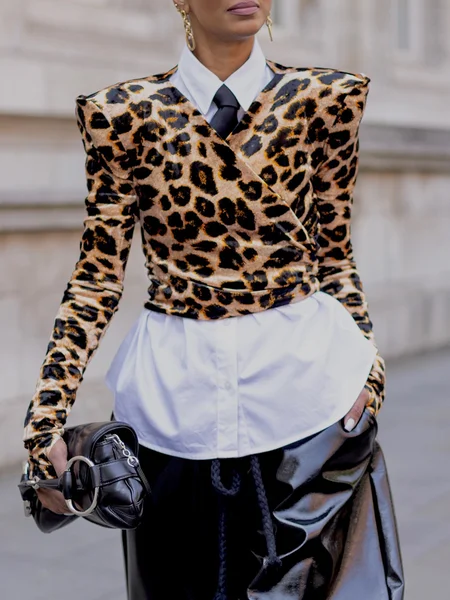 Urban Leopard Shoulder Pad V Neck Blouse, Blouses and Shirts, color:As Picture|size:XXL, Stylewe