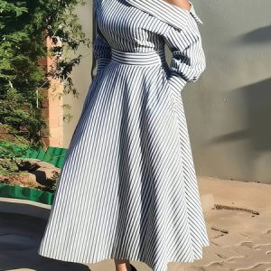 Elegant Striped Asymmetrical Midi Dress, Midi Dresses, color:Blue|size:XXL, Stylewe
