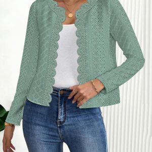 Contrast Scallop Lace Trim Open Front Coat Casual Hollow-out Breathable Crop Jacquard Textured Cardigan, women Jackets & Coats, ChicMe catalog