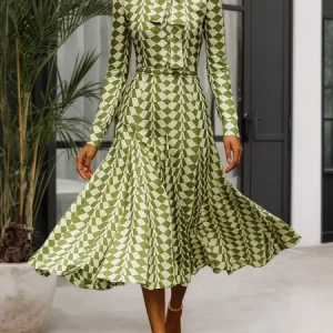 Elegant Geometric Mock Neck Midi Dress, Midi Dresses, color:Green|size:XXL, Stylewe