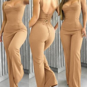 Sweatheart Neck Thick Strap Backless Lace-up Back Overalls Casual Seam Front Wide Leg Jumpsuit, women Jumpsuits, ChicMe catalog