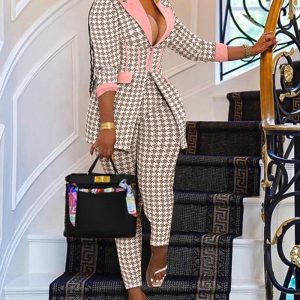 Houndstooth Print Notched Collar Zip Front Flap Detail Corset Slit Coat and Elastic Waist Slim Fit Pants Set Blazer Set, women blazer set, ChicMe catalog