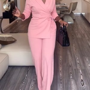 2 Pieces Outfit Overlap Shawl Collar Lace-up Side Cinched Waist Coat and Elastic Back Waist Wide Leg Pants Set Casual Blazer Set, women Two-piece Sets, ChicMe catalog