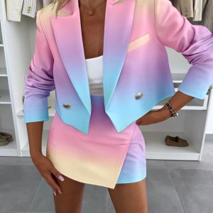 Tie Dye Print Notched Collar Long Sleeve Button Blazer and Casual Asymmetrical  Slit Shorts Sets, women Two-piece Sets, ChicMe catalog