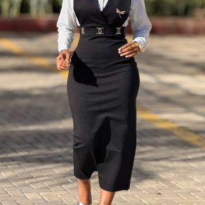 Urban Plain Buckle V Neck Maxi Dress With Brooch, Maxi Dresses, color:Black|size:XXL, Stylewe