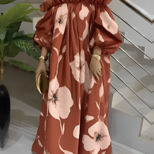 Elegant Floral Balloon Sleeve Printing Cold Shoulder Maxi Dress, Maxi Dresses, color:As Picture|size:XXL, Stylewe