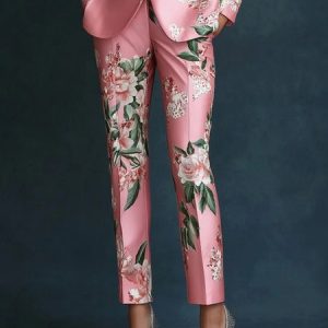 Elegant Floral Printing Straight Pants, Pants, color:Pink|size:XXL, Stylewe