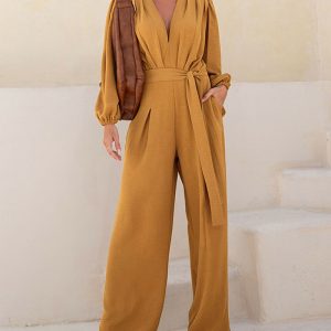 Deep V Neck 3D Design Tie Waist Ruched Overalls Casual Cinched Waist Zipper Back Textured Jumpsuit with Belt, women Jumpsuits, ChicMe catalog