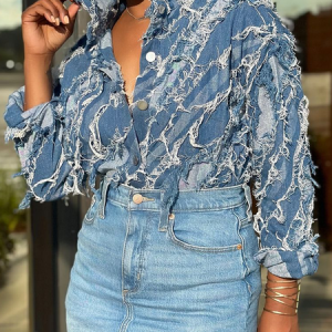 Casual Plain Shirt Collar Denim Shirt, Blouses and Shirts, color:Denim Blue|size:XXL, Stylewe