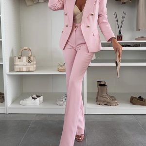 2 Pieces Outfit Notched Collar Double-Breasted Flap Detail Coat and Zipper Fly Elastic Back Waist Slim Fit Flared Pants Set Casual Blazer Set, women Two-piece Sets, ChicMe catalog