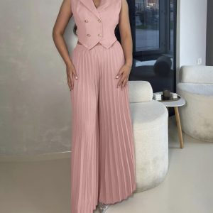 Notched Collar Sleeveless Vest and Casual Double Button Pleated Wide Leg Pants Sets, women Two-piece Sets, ChicMe catalog