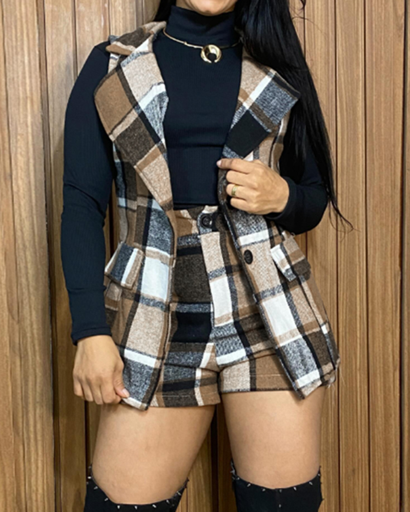 Plaid Print Turn-down Collar Sleeveless Vest and Casual Plaid Shorts sets, women Two-piece Sets, ChicMe catalog