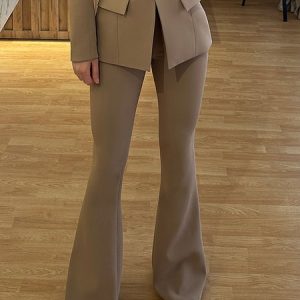 Urban Plain Tight Flare Pants, Pants, color:Camel|size:XXL, Stylewe