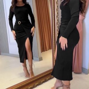 Metal Ring Decor Wrapped Slit Ribbed Commuting Dress Cinched Waist Slim Fit Mid-Length Dress, women Casual Dresses, ChicMe catalog