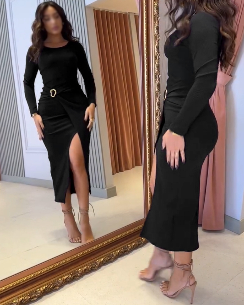 Metal Ring Decor Wrapped Slit Ribbed Work Dress Cinched Waist Slim Fit Mid-Length Dress, women Casual Dresses, ChicMe catalog