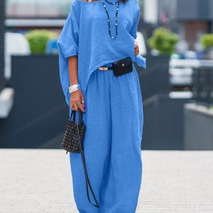 2 Pieces Outfit Asymmetrical One Shoulder Short Sleeve Top and Casual Strechy Waist Wide Leg Linen Pants Set, women Two-piece Sets, ChicMe catalog