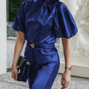 Elegant Plain Bow Balloon Sleeve Blouse, Blouses and Shirts, color:Deep Blue|size:XXL, Stylewe