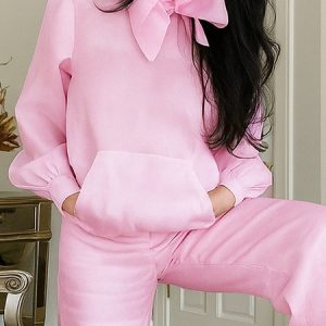 Elegant Plain Lace-up Balloon Sleeve Blouse, Blouses and Shirts, color:Pink|size:XXL, Stylewe