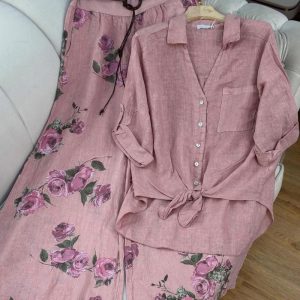 2 Pieces Outfit Pocket Decor V Neck Button Front Turn-Up Sleeves Knotted Top and Floral Print Elastic Waist Wide Leg Pants Set Casual Linen Set, women Two-piece Sets, ChicMe catalog