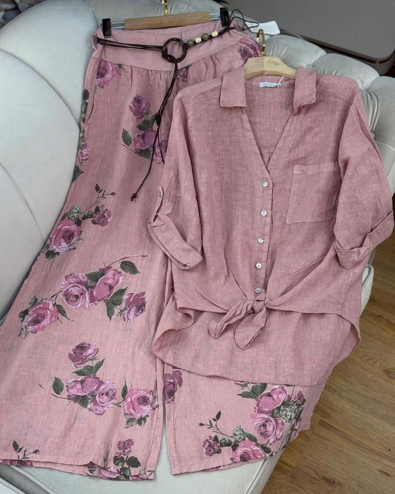 2 Pieces Outfit Pocket Decor V Neck Button Front Turn-Up Sleeves Knotted Top and Floral Print Elastic Waist Wide Leg Pants Set Casual Linen Set, women Two-piece Sets, ChicMe catalog