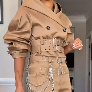 Urban Plain Hoodie Trench Coat With Belt, Trench Coats, color:Khaki|size:XXL, Stylewe