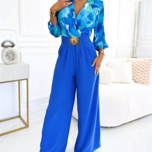 Tie Dye Print Patchwork Ruched Overlap V-Neck Lantern Sleeve Jumpsuit Casual Elastic Back Waist Wide Leg Jumpsuit With Belt, women Jumpsuits, ChicMe catalog