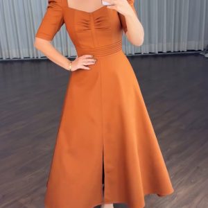 Solid V-Neck Puff Sleeve Ruched Slit Dress Casual Cinched Waist Maxi Dress, women Casual Dresses, ChicMe catalog
