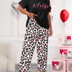 2 Piece Plus Size Heart Letter Leopard Print Straight Leg Pajamas Set Sweet Sets, women Loungewear, ChicMe catalog