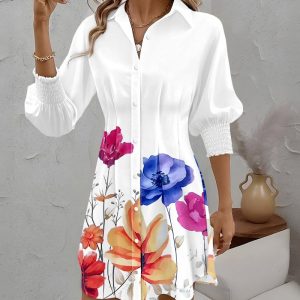 Floral Print Turn-down Collar Long Sleeve Casual Pressed Pleats Shirt Dress, women Shirt Dresses, ChicMe catalog
