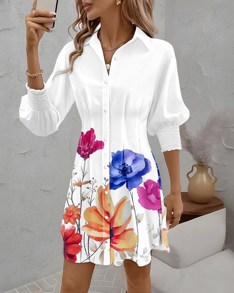 Floral Print Turn-down Collar Long Sleeve Casual Pressed Pleats Shirt Dress, women Shirt Dresses, ChicMe catalog