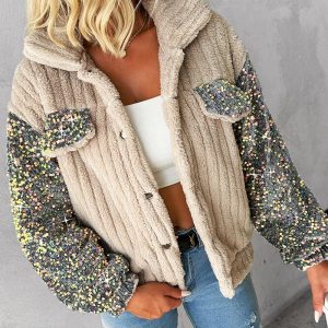 Sequin Spliced Decor Turn-down Collar Button Front Teddy Jacket Casual Flap Detail Textured Coat Warm Outerwear, women Jackets & Coats, ChicMe catalog