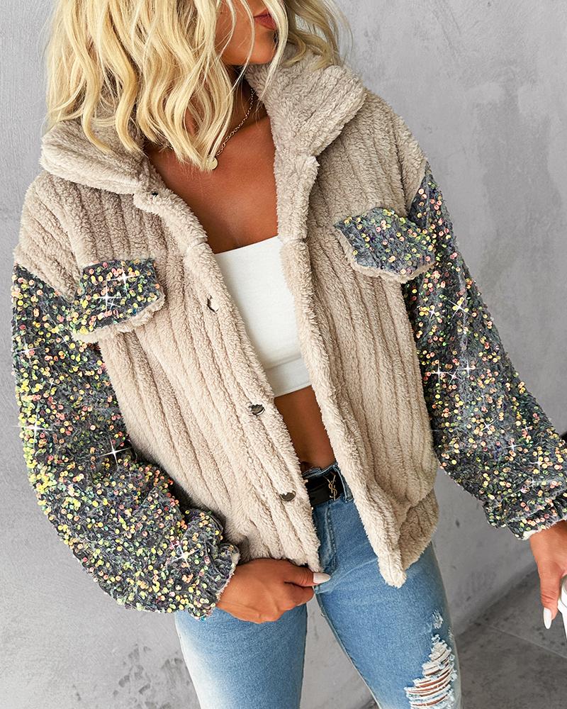 Sequin Spliced Decor Turn-down Collar Button Front Teddy Jacket Casual Flap Detail Textured Coat Warm Outerwear, women Jackets & Coats, ChicMe catalog