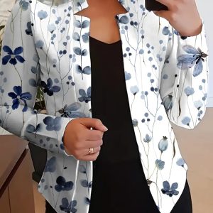 Floral Print Stand Collar Long Sleeve Open Front Casual Stretchy Blazer Coat, women Jackets & Coats, ChicMe catalog