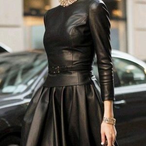 Urban Plain Crew Neck Faux Leather Top With Belt, Blouses and Shirts, color:Black|size:XXL, Stylewe