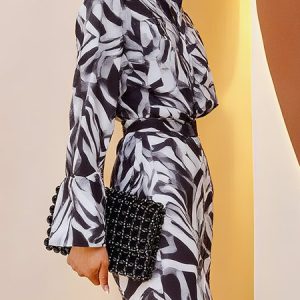 Urban Random Print Stand Collar Bell Sleeve Shirt, Blouses and Shirts, color:As Picture|size:XXL, Stylewe