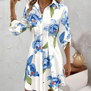 Floral Print Turn-down Collar Turn-Up Sleeves Shirred Back Shirt Dress Casual Button Down Cinched Waist Asymmetrical Hem Vacation Dress, women Shirt Dresses, ChicMe catalog