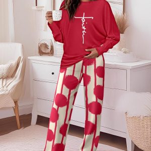 2 Pieces Outfit Letter Print Batwing Sleeve Loose Top and Striped & Polka Dot Print Elastic Waist Pants Set Casual Pajamas Set, women Pajamas Sets, ChicMe catalog