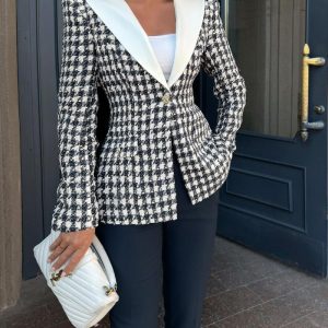 Houndstooth Print Shawl Collar Single Breasted Flap Detail Jacket Casual Colorblock Tweed Coat, women Jackets & Coats, ChicMe catalog