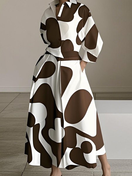 Urban Color Block Printing Shirt Collar Midi Dress, Midi Dresses, color:As Picture|size:XXL, Stylewe